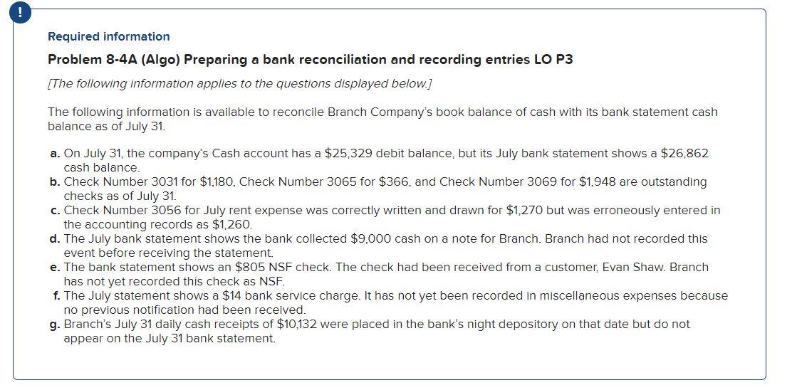 ! Required information Problem 8-4A (Algo) Preparing a bank reconciliation and