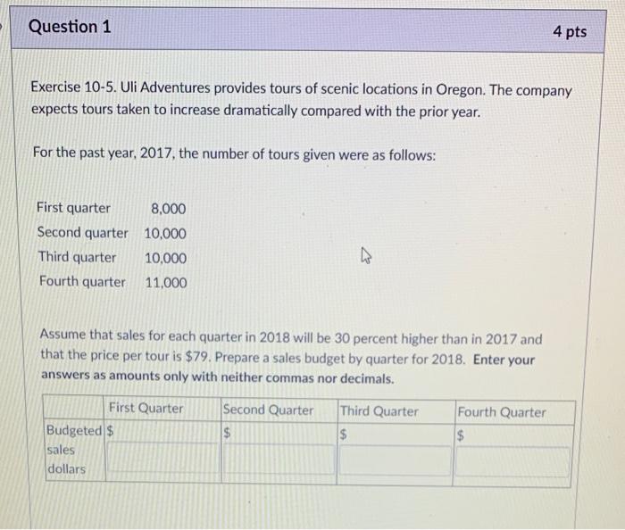  Question 1 4 pts Exercise 10-5. Uli Adventures provides tours of