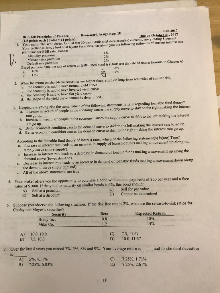 Please help with my Finance homework, I am really lost Fall 201
