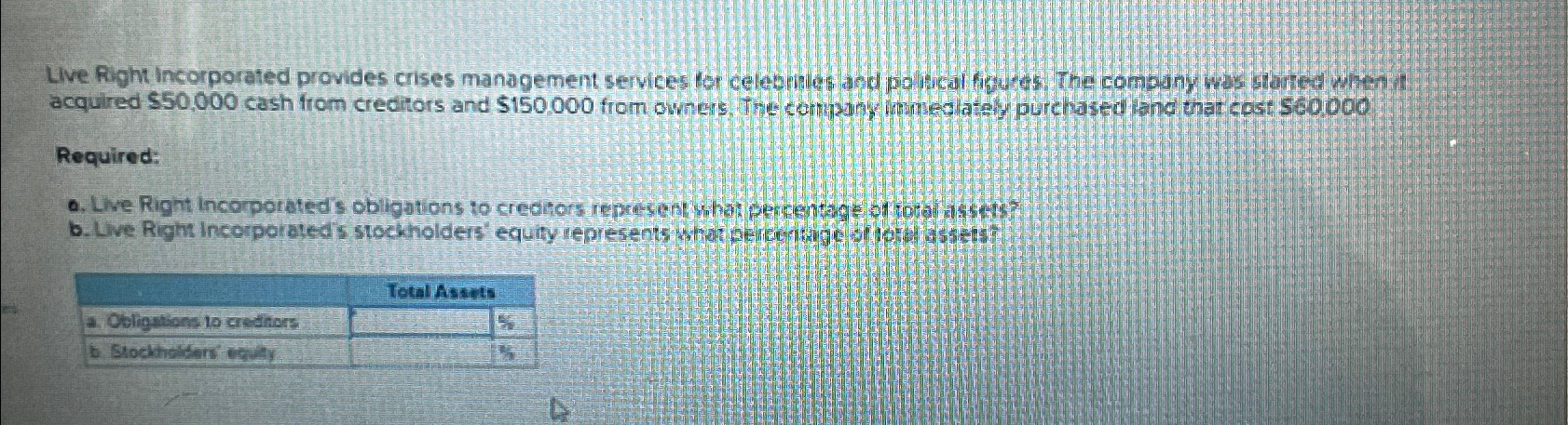  Required: \table[[,Total Astive],[2. Obligations to crediars,s],[b. Stockhelibers equaly,4]] 