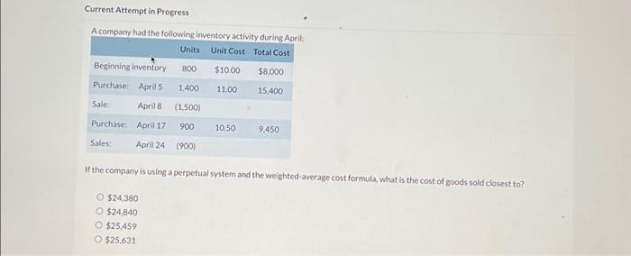  Current Attempt in Progress A company had the following inventory activity