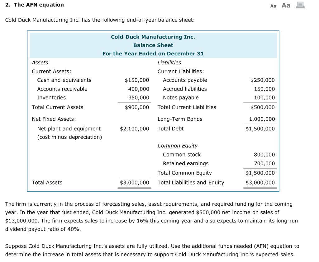 2. The AFN equation Aa Aa a Cold Duck Manufacturing Inc.