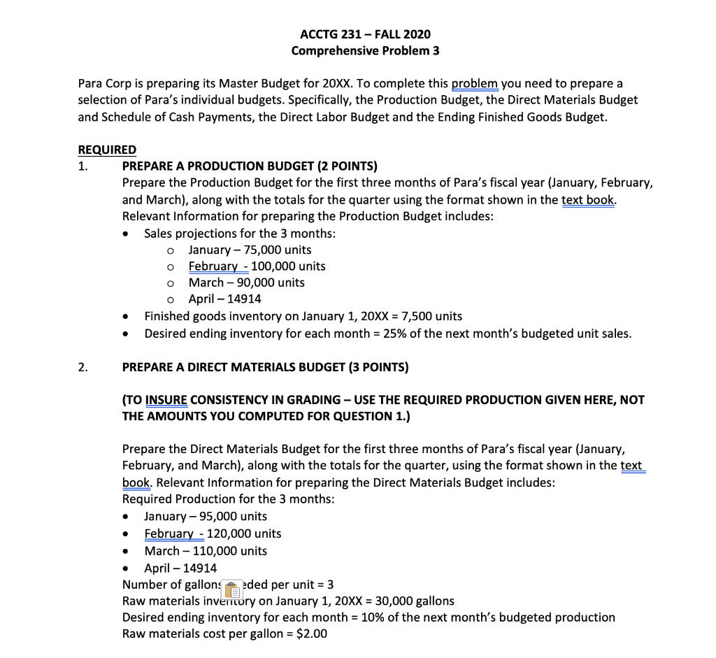  ACCTG 231 - FALL 2020 Comprehensive Problem 3 Para Corp is