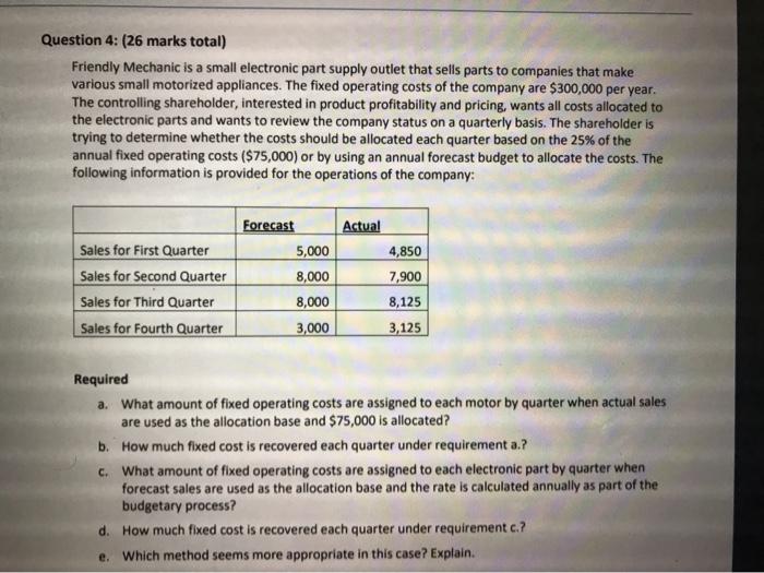  Question 4: (26 marks total) Friendly Mechanic is a small electronic
