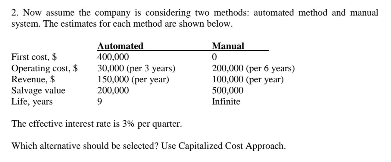  Now assume the company is considering two methods: automated method and