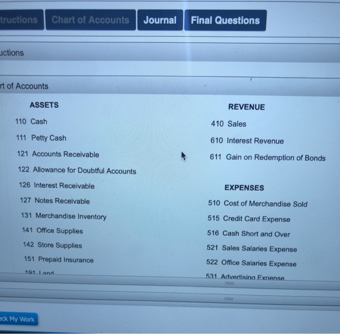 Chart of Accounts Journal Final Questions Instructions On the first day of
