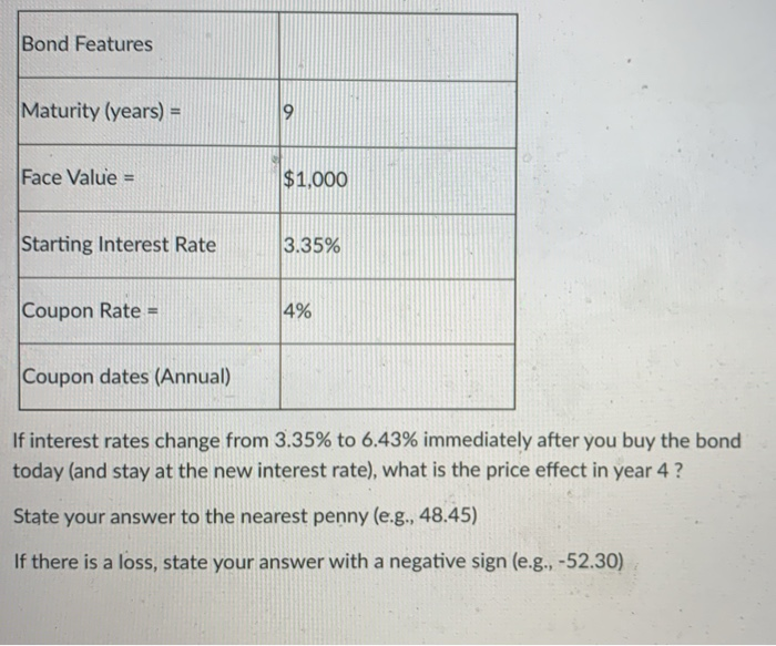  Bond Features Maturity (years) = 9 Face Value = $1,000 Starting