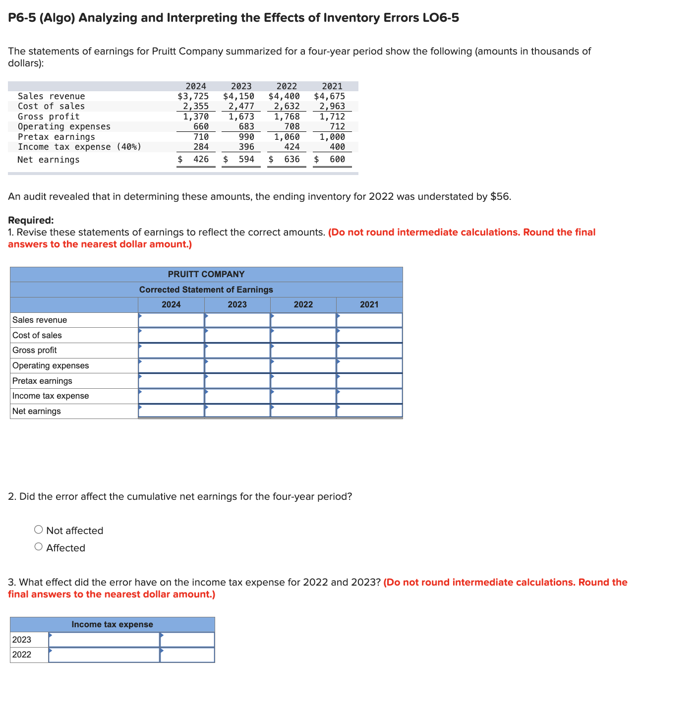  P6-5(Algo) Analyzing and Interpreting the Effects of Inventory Errors L06-5 The