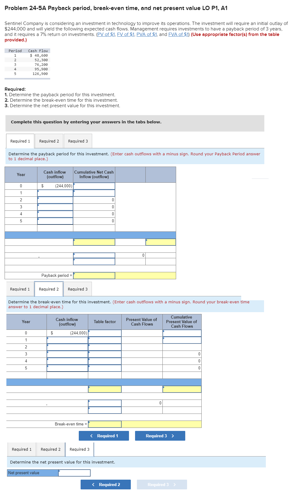 Problem 24-5A Payback period, break-even time, and net present value LO