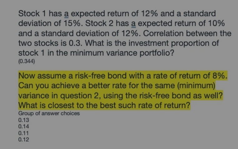 Answer in Excel with formulas Stock 1 has a expected return of