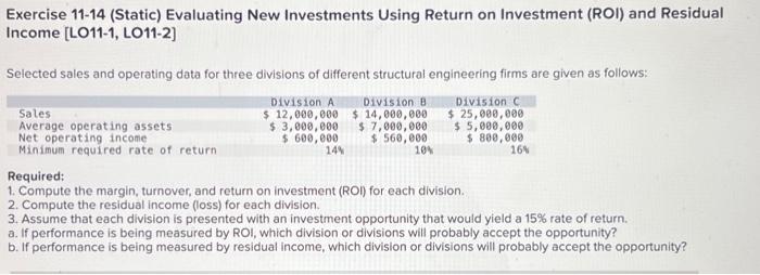  Exercise 11-14 (Static) Evaluating New Investments Using Return on Investment (ROI)