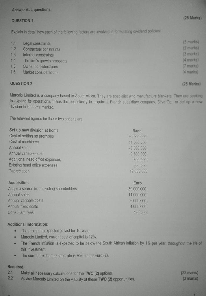  Answer ALL questions. (25 Marks) QUESTION 1 Explain in detail how