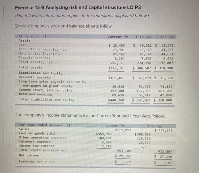  Exercise 13-9 Analyzing risk and capital structure LO P3 The following
