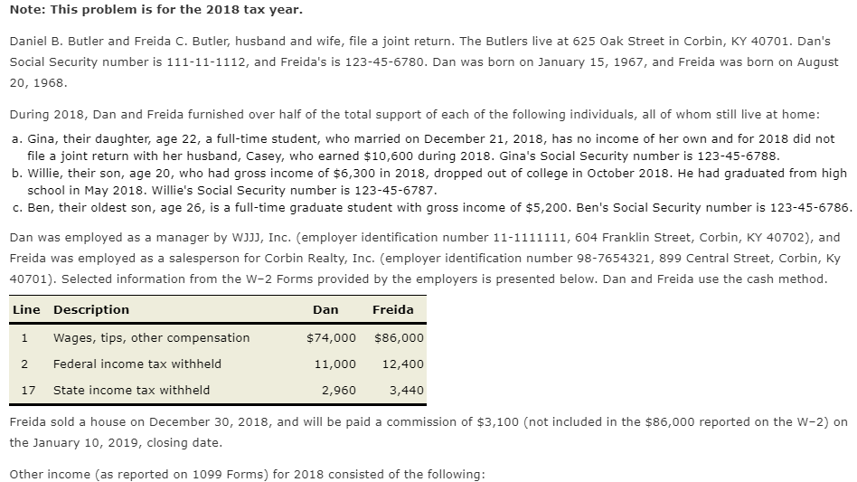  Note: This problem is for the 2018 tax year. Daniel B.