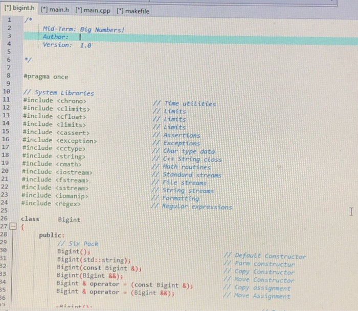 attached below example string.h and string.cpp file. Please make it the bigint.cpp