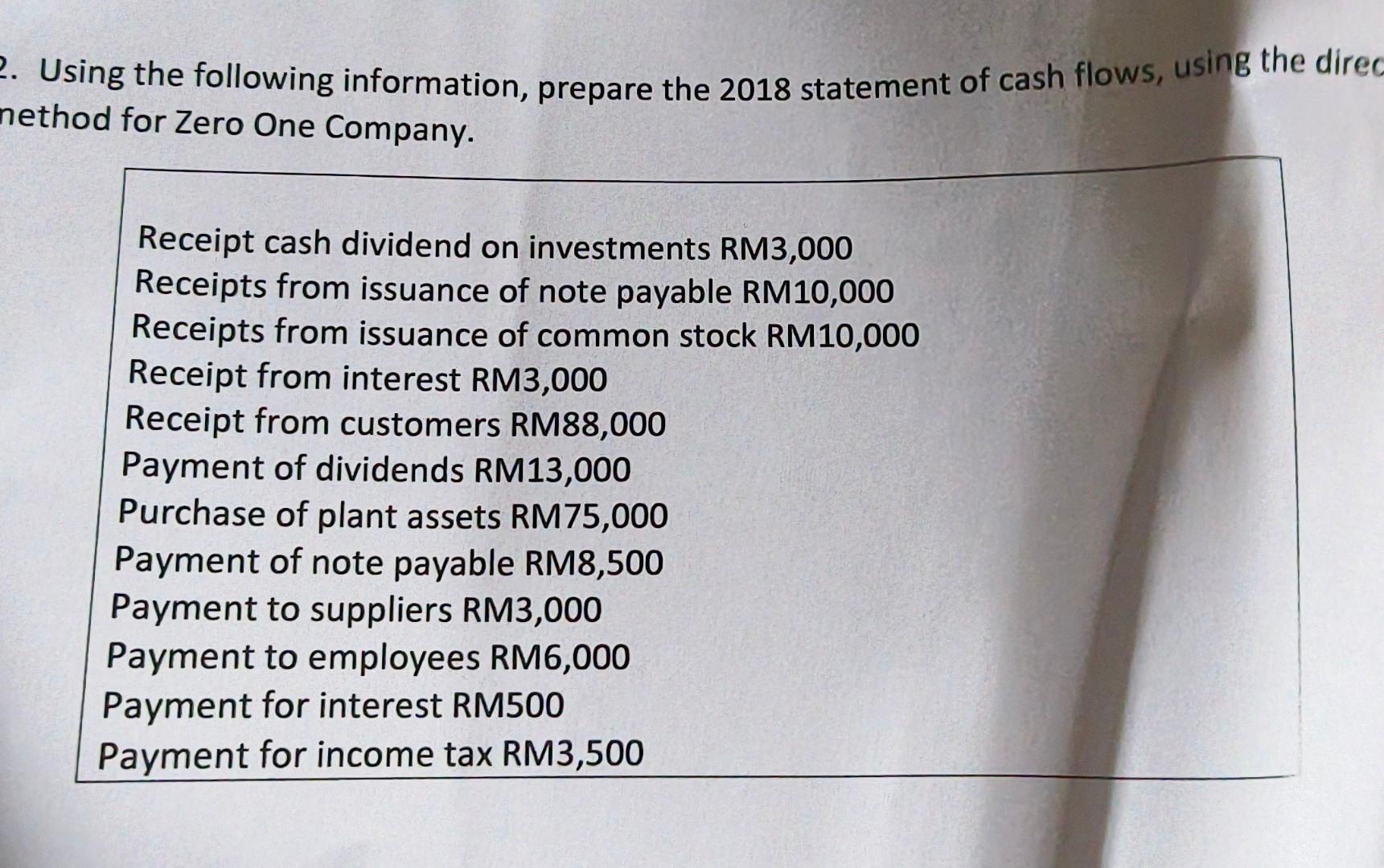 USE THE DIRECT METHOD Using the following information, prepare the 2018 statement