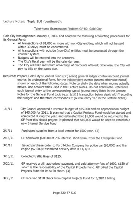 Lecture Notes: Topic SLG (continued): Take-home Examination Problem GF-80: Gold City