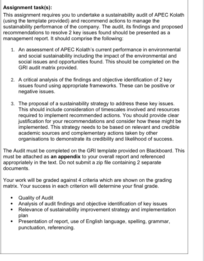  Assignment task(s): This assignment requires you to undertake a sustainability audit