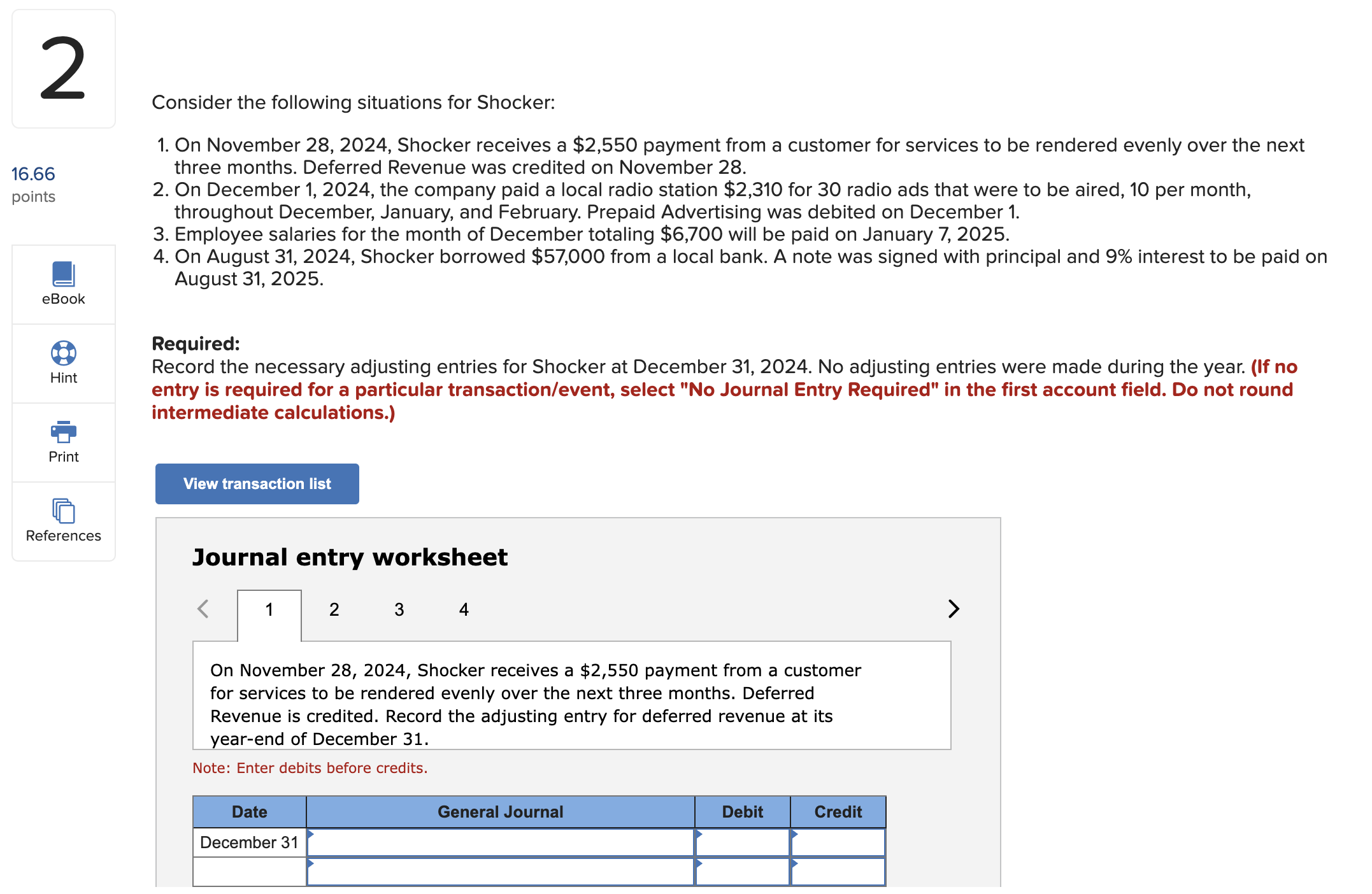 Question 2: Please complete all the screenshots View Transactions List 1 On