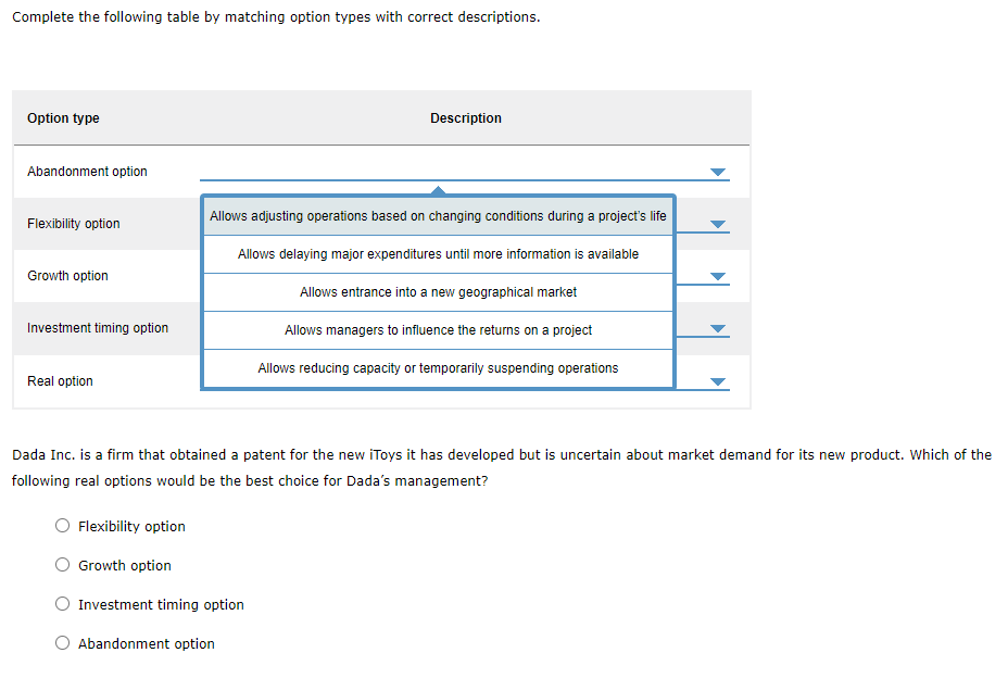  Complete the following table by matching option types with correct descriptions.