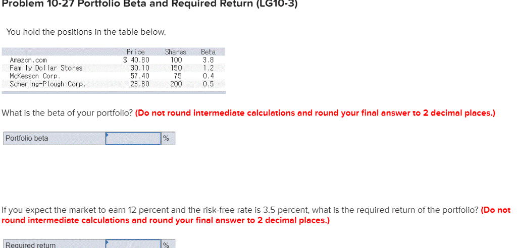  Problem 10-27 Portfolio Beta and Required Return (LG10-3) You hold the