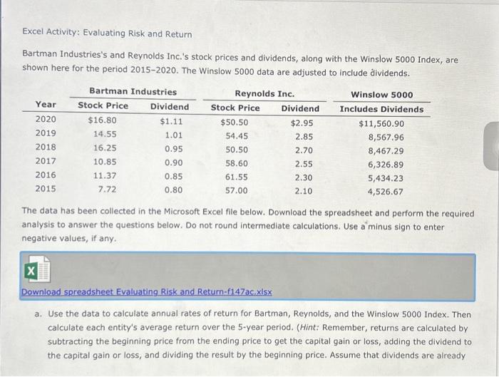 chapter 5 Excel Activity: Evaluating Risk and Return Bartman Industries's and Reynolds