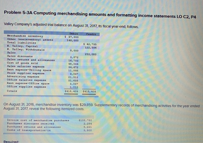  Problem 5-3A Computing merchandising amounts and formatting in come statements LO