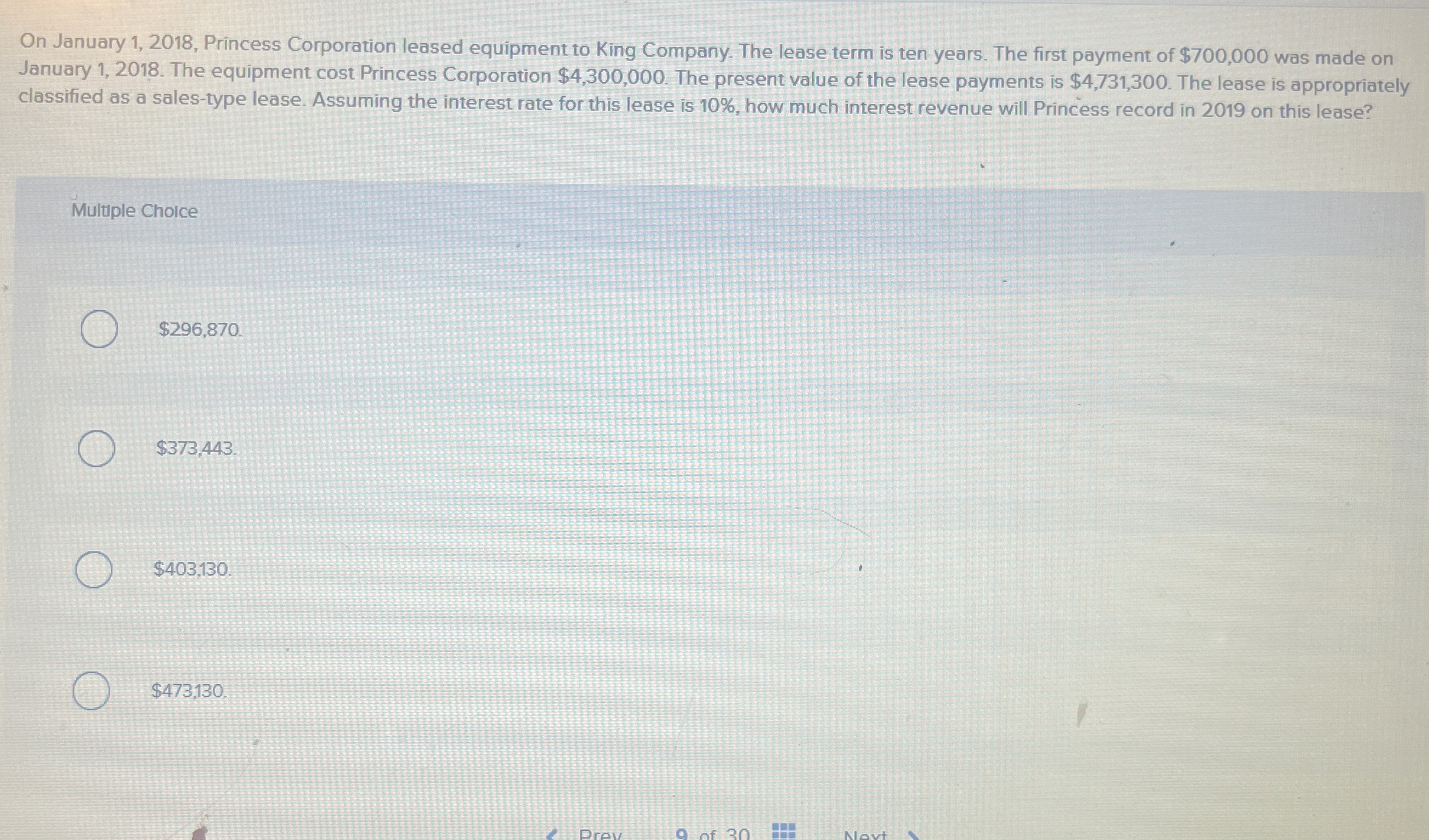  On January 1,2018, Princess Corporation leased equipment to King Company. The