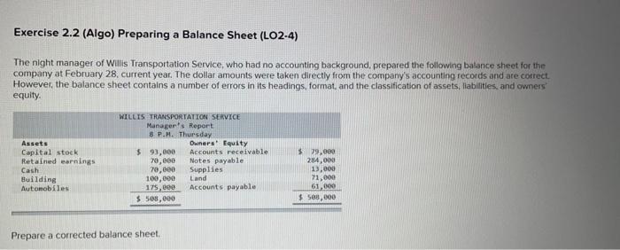  Exercise 2.2 (Algo) Preparing a Balance Sheet (LO2-4) The night manager