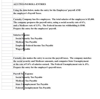  ALT-TWO-PAYROLL-ENTRIES Using the data below, make the entry for the Employees'