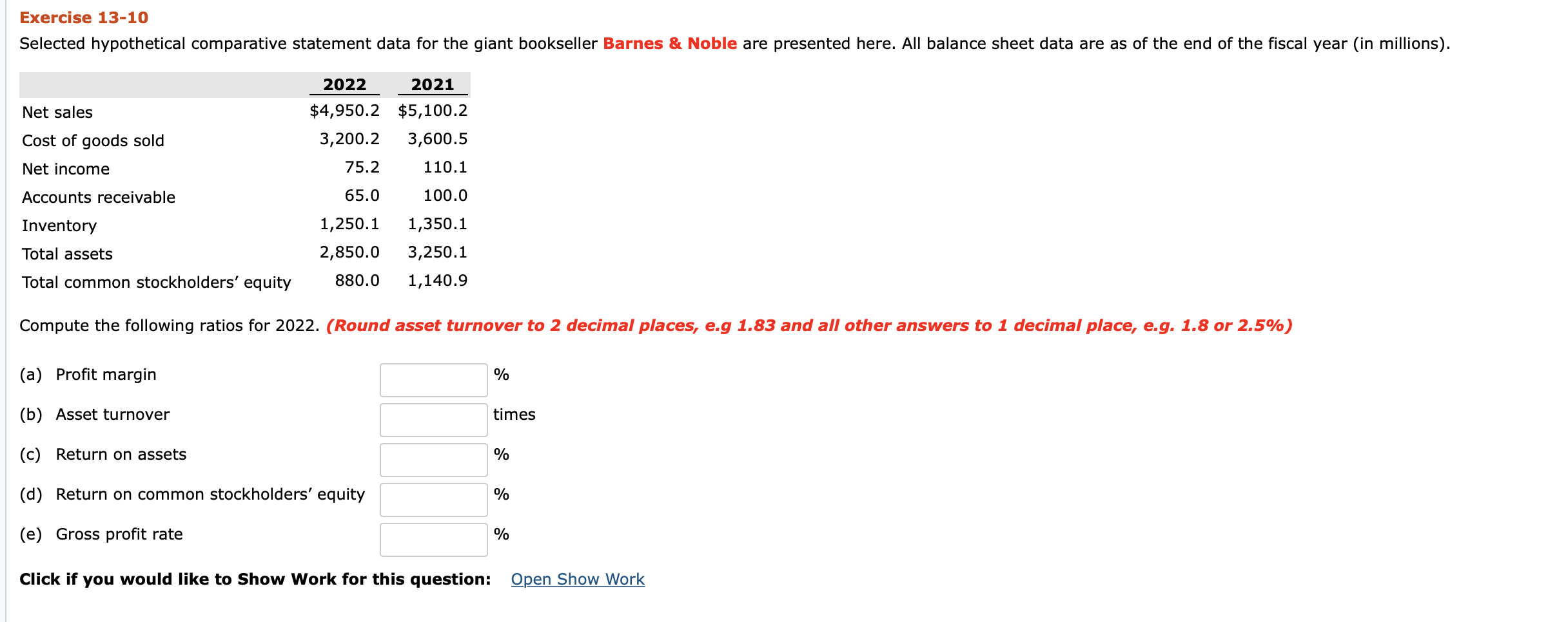  Exercise 13-10 Selected hypothetical comparative statement data for the giant bookseller
