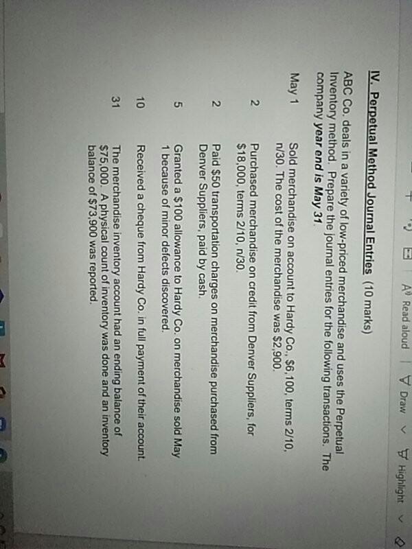  2 AV Read aloud Draw Highlight IV. Perpetual Method Journal Entries