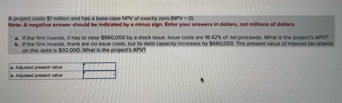  A project costs $1 million and has a base-case NPV of