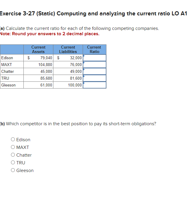  Exercise 3-27 (Static) Computing and analyzing the current ratio LO A1