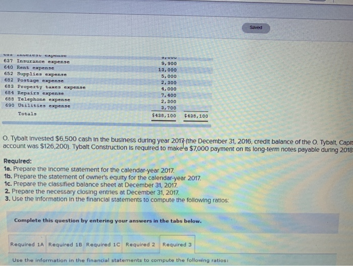 Tybalt Construction as of December 31, 2017, follows. TYBALT CONSTRUCTION Adjusted Trial
