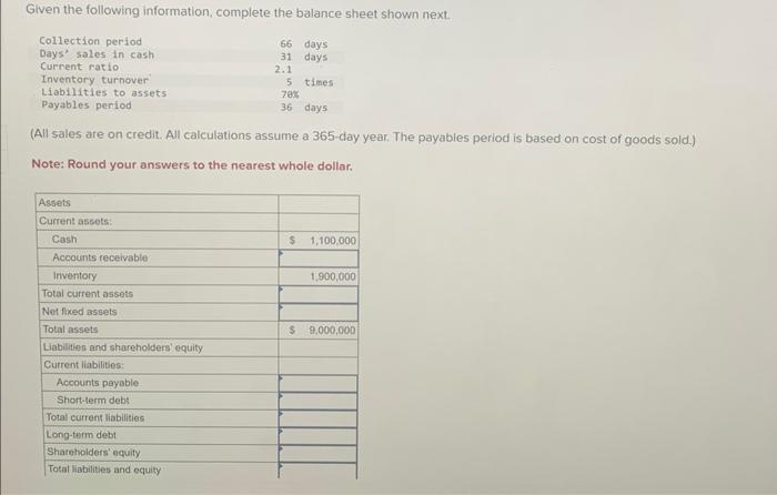  Given the following information, complete the balance sheet shown next. (All