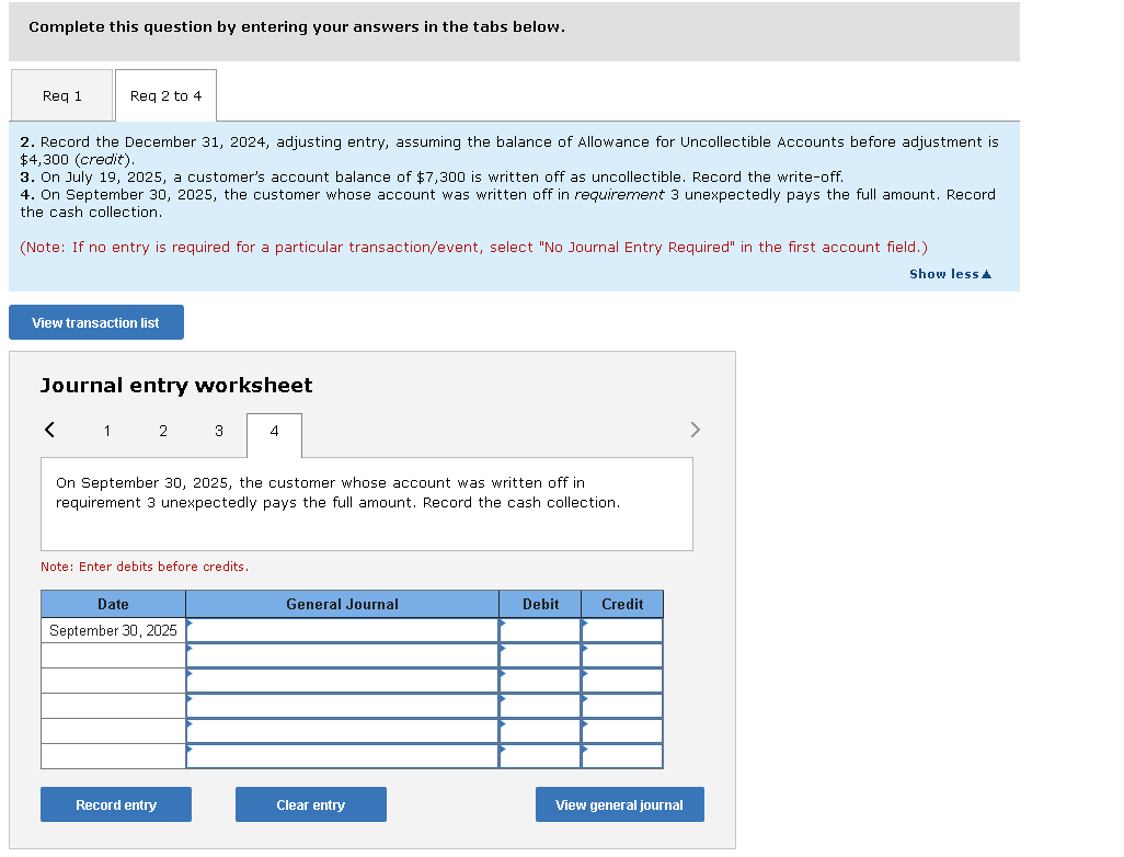 uncollectible accounts. 2. Record the December 31, 2024, adjusting entry, assuming the