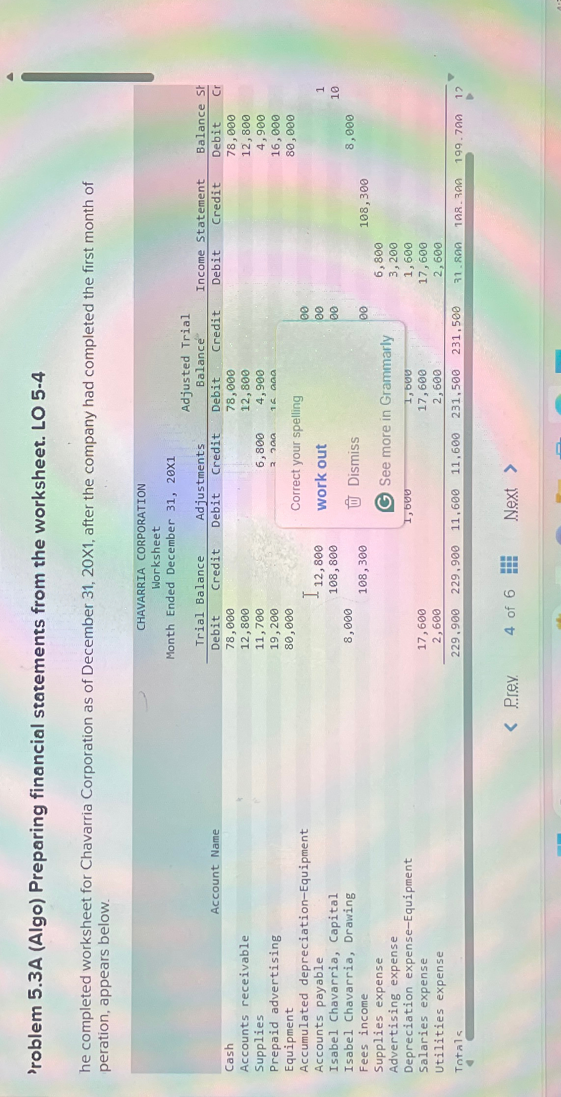  'roblem 5.3A (Algo) Preparing financial statements from the worksheet. LO 5-4