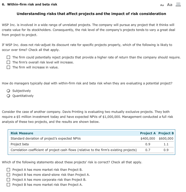  6. Within-firm risk and beta risk Aa Aa Understanding risks that