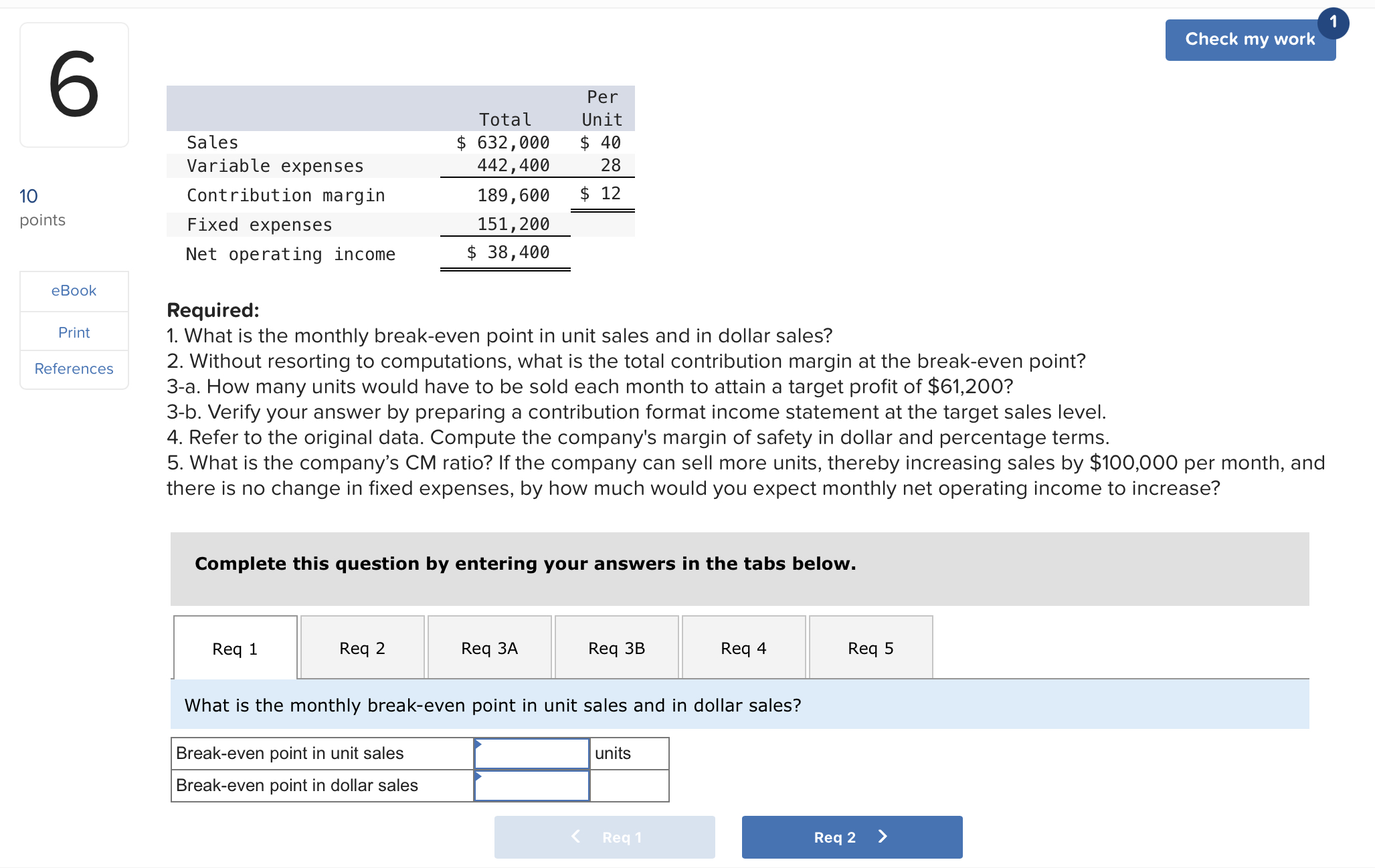  Required: What is the monthly break-even point in unit sales and