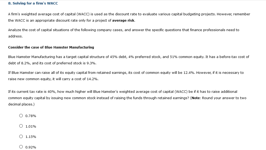  Drop-down Options: 11.31%, 10.28%, 7.20%, or 8.22% 8. Solving for a