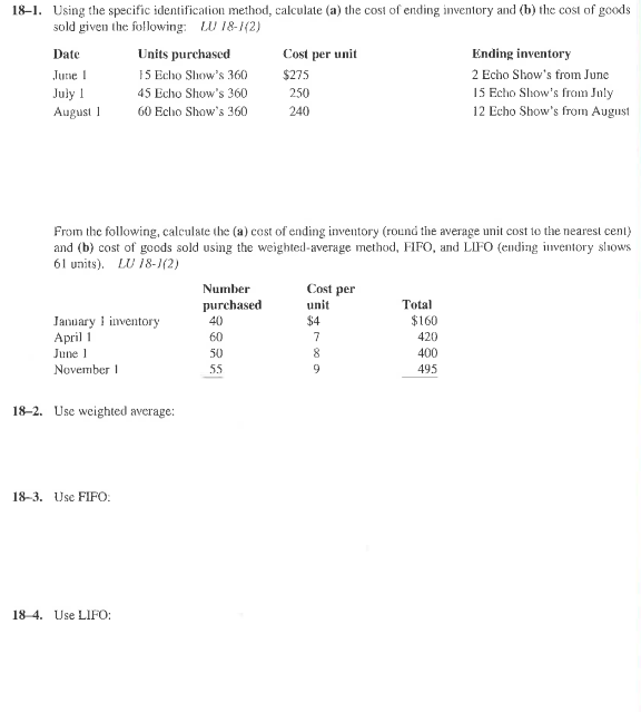  18-1. Using the specific identification method, calculate (a) the cosi of