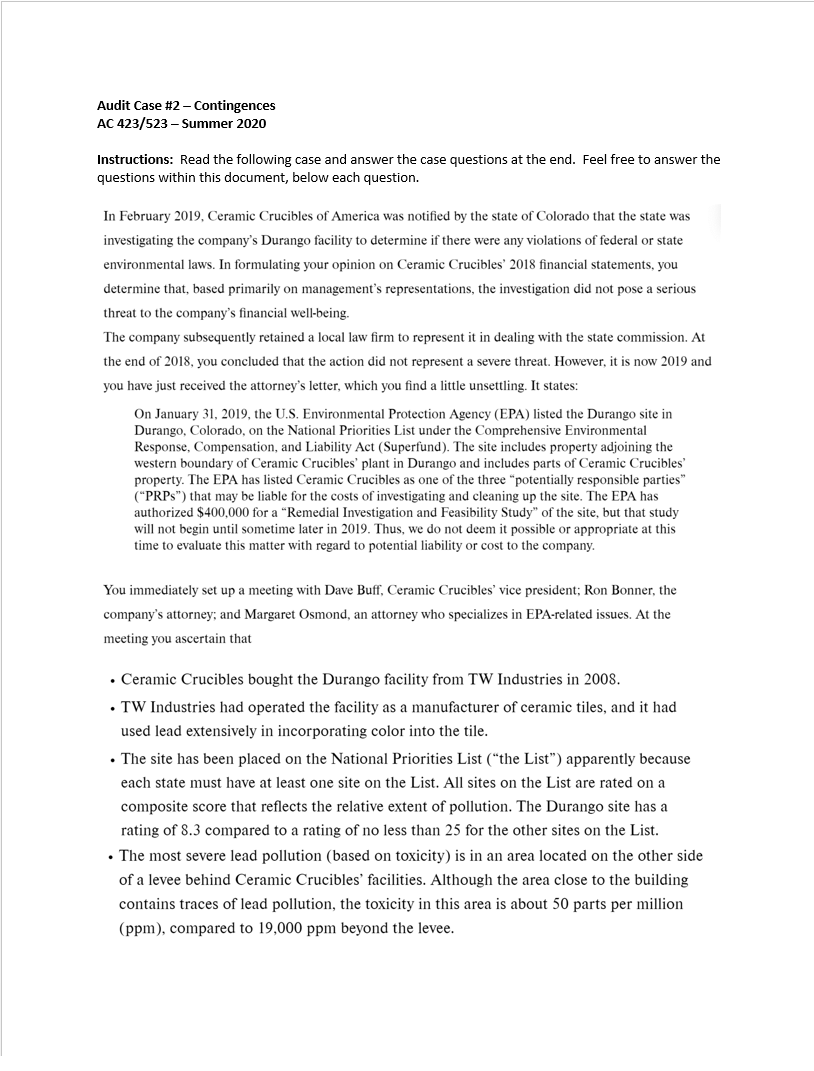 Audit Case #2 - Contingences AC 423/523- Summer 2020 Instructions: Read