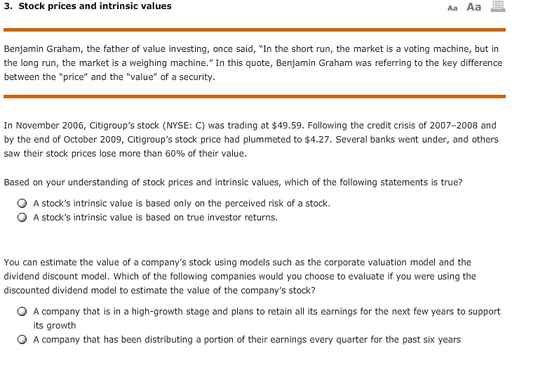 3. Stock prices and intrinsic values Aa Aa E Benjamin Graham,