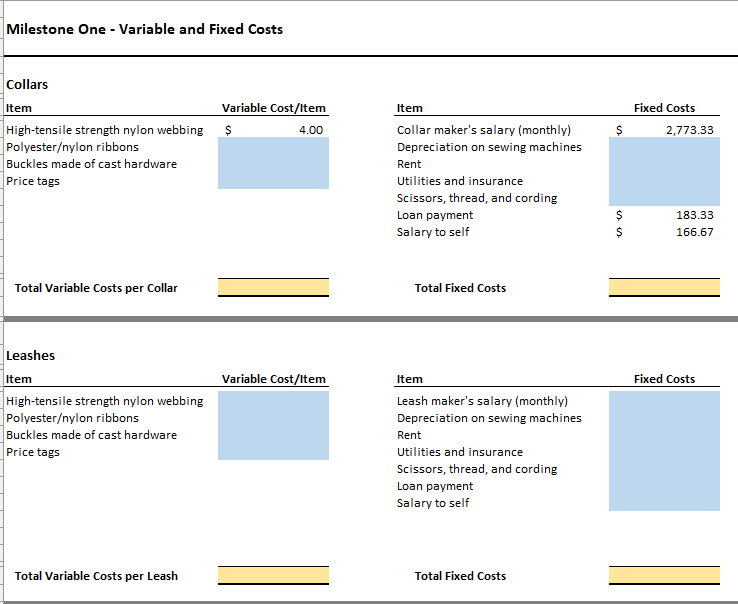 Milestone One - Variable and Fixed Costs Collars Item High-tensile strength nylon