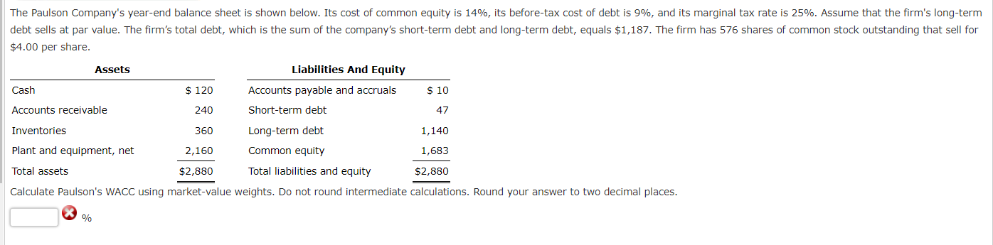  $4.00 per share. Calculate Paulson's WACC using market-value weights. Do not