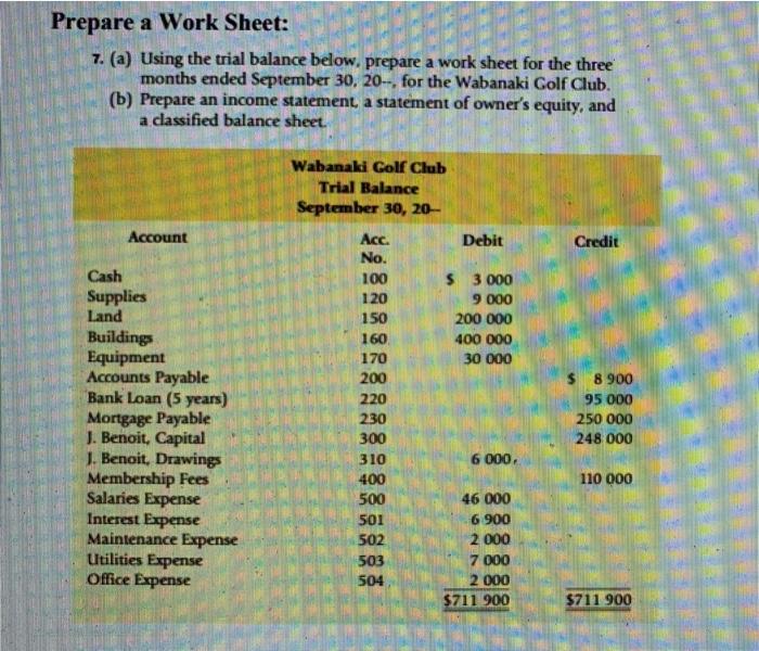 I need help Prepare a Work Sheet: 7. (a) Using the trial