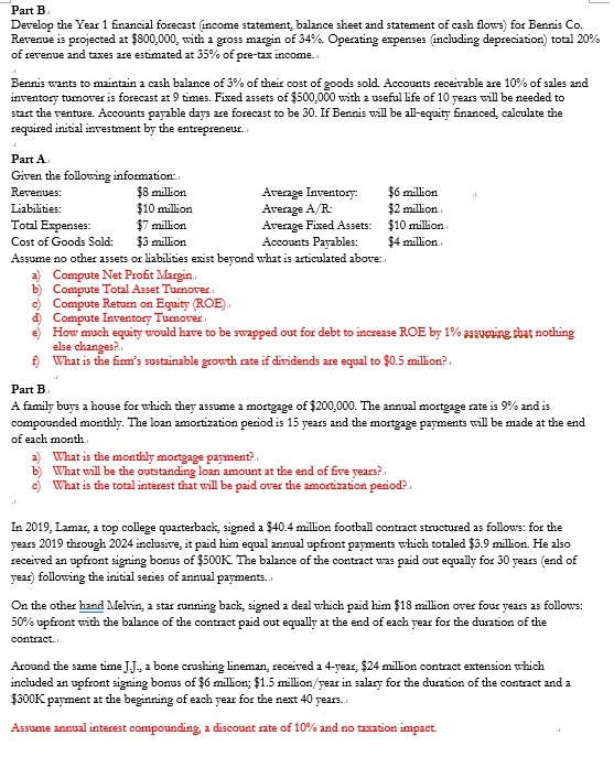 Bennis Co. Revenue is projected at $800,000, with a gross margin of
