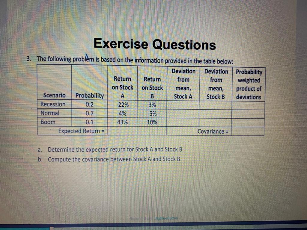 Exercise Questions 3. The following problem is based on the information