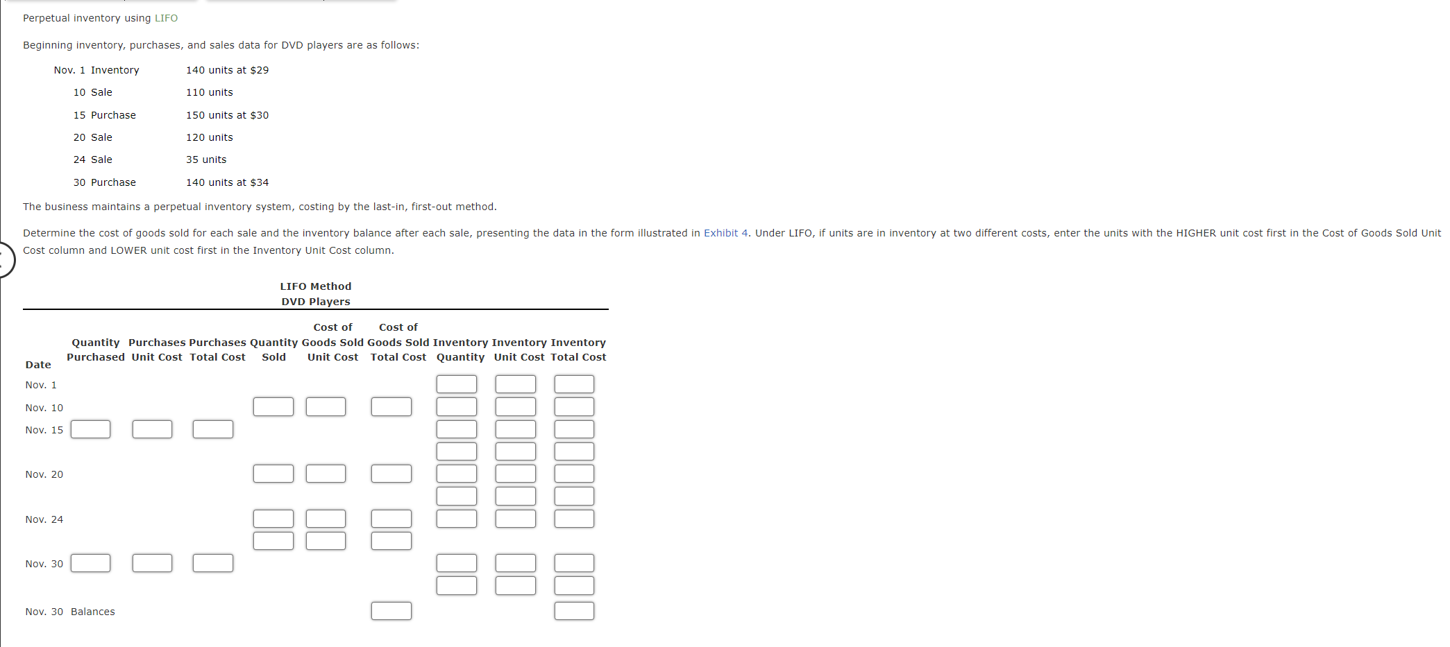  Perpetual inventory using LIFO Beginning inventory, purchases, and sales data for